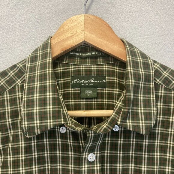 Eddie Bauer Relaxed Fit Button Up Shirt Mens Large Tall LT Green Red Plaid - Picture 9 of 15